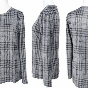 Pure Amici Grey Plaid Knit Top  w/ Subtle Gold Metallic Thread | Large